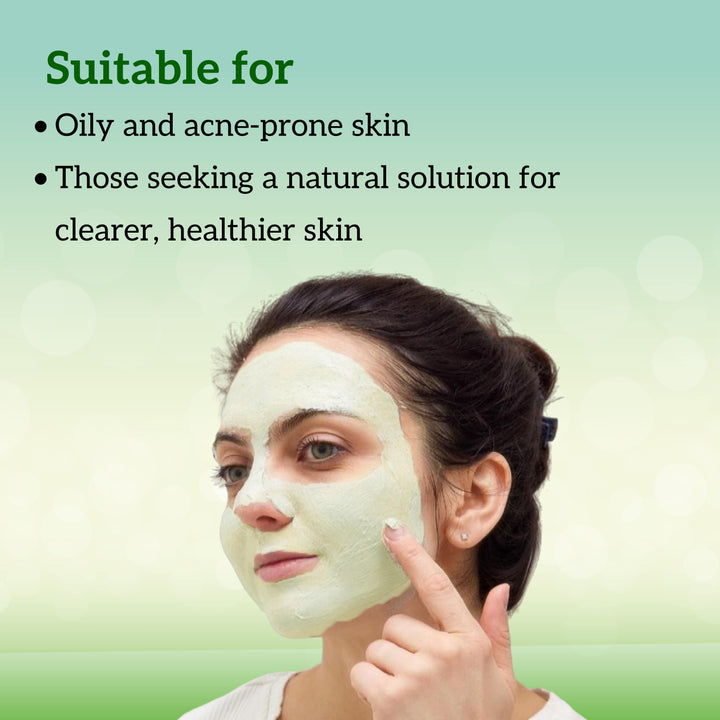 Woman applying a face mask with text indicating suitability for oily and acne-prone skin.