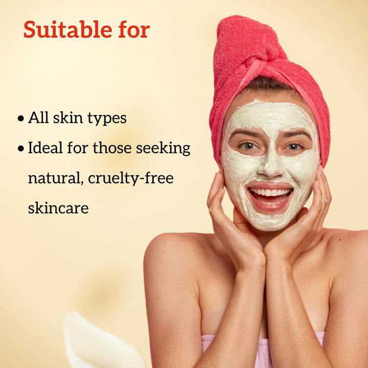 Woman applying a face mask with text about skin type suitability and cruelty-free skincare.