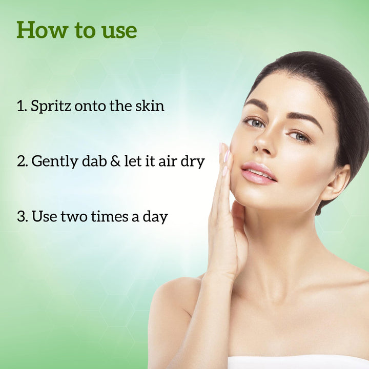 Woman touching her face with usage instructions of inatur cucumber toner on a green background
