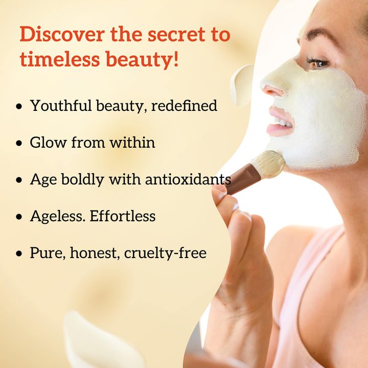 Woman applying inatur kumkumadi face mask with text about youthful beauty and antioxidants.
