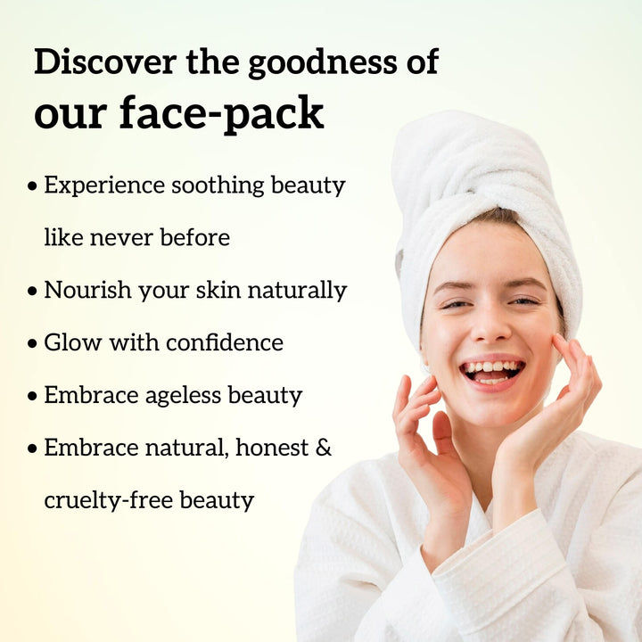 Woman with a towel on her head using a face pack with text about the product's benefits.