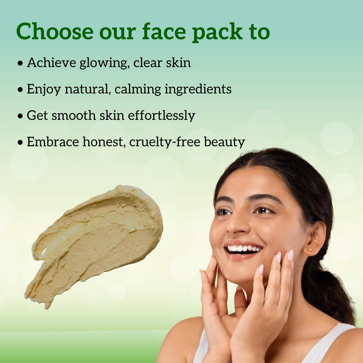 Woman applying a face pack with text about the product benefits of inatur on a green background