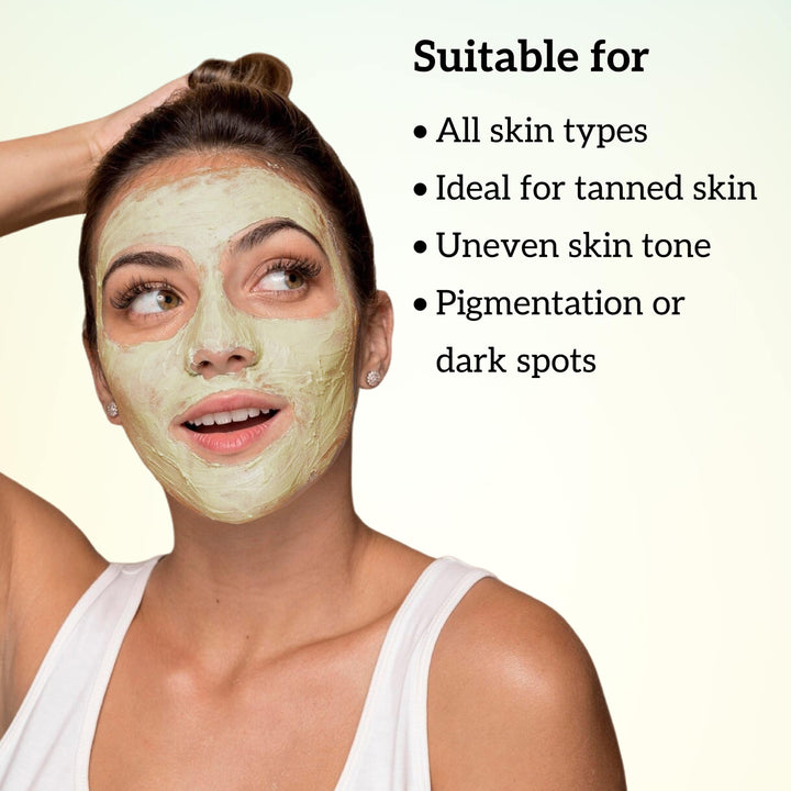 Woman applying face mask with text indicating inatur sandal face pack suitability for various skin types.