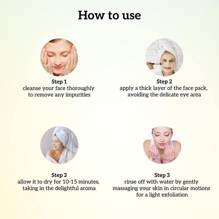 Step-by-step guide on how to use a face pack with images and text.