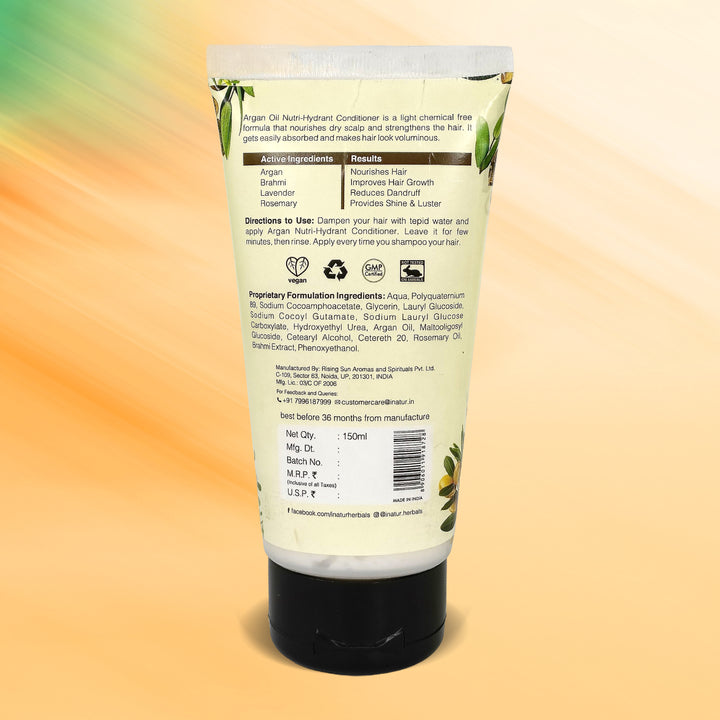 Back view of inatur argan conditioner packaging with text and branding on a gradient background