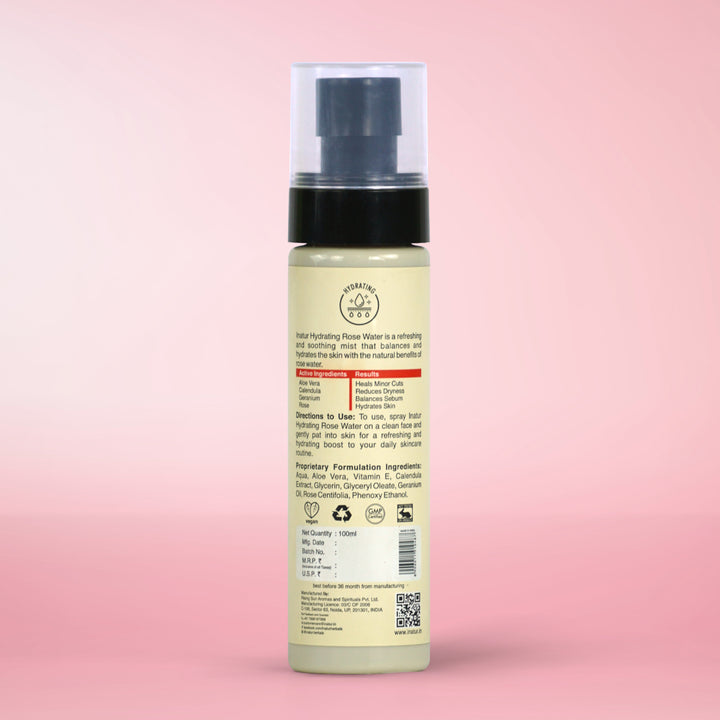 back image of inatur rose toner bottle with label on a pink background