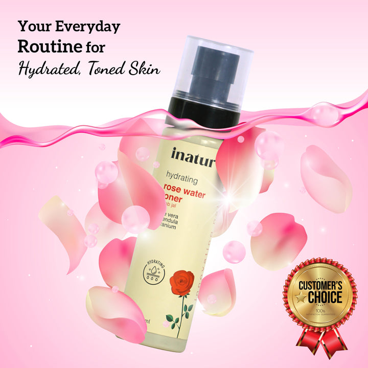 inatur hydrating rose water toner bottle with pink floral elements on a pink background with text Your everyday routine for hydrated toned skin