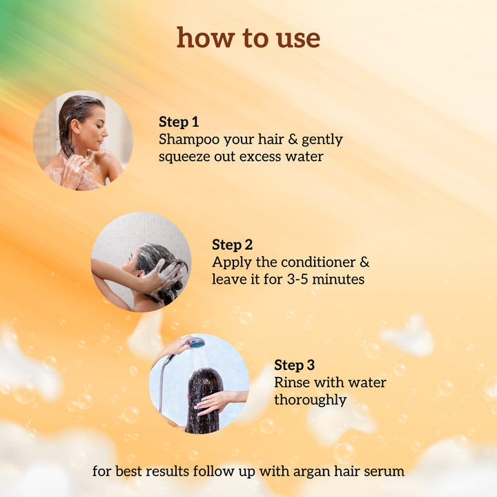 Instructions on how to useinatur argan oil hair conditioner with step-by-step guide and images of a woman washing her hair.