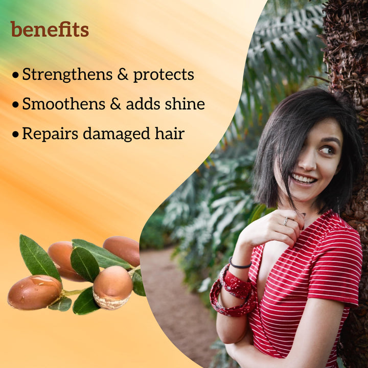 Woman with healthy hair next to argan oil fruits and leaves, with text listing hair benefits.