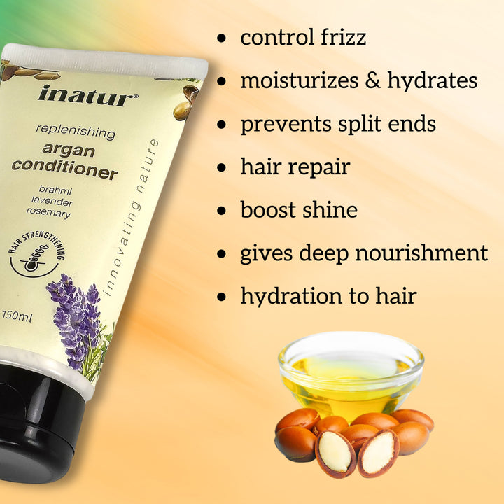 inatur argan conditioner packaging with benefits listed on a gradient background