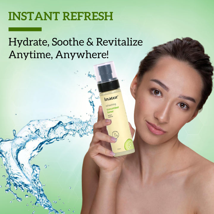 Woman holding inatur cucumber toner with text 'Instant Refresh' on a green background