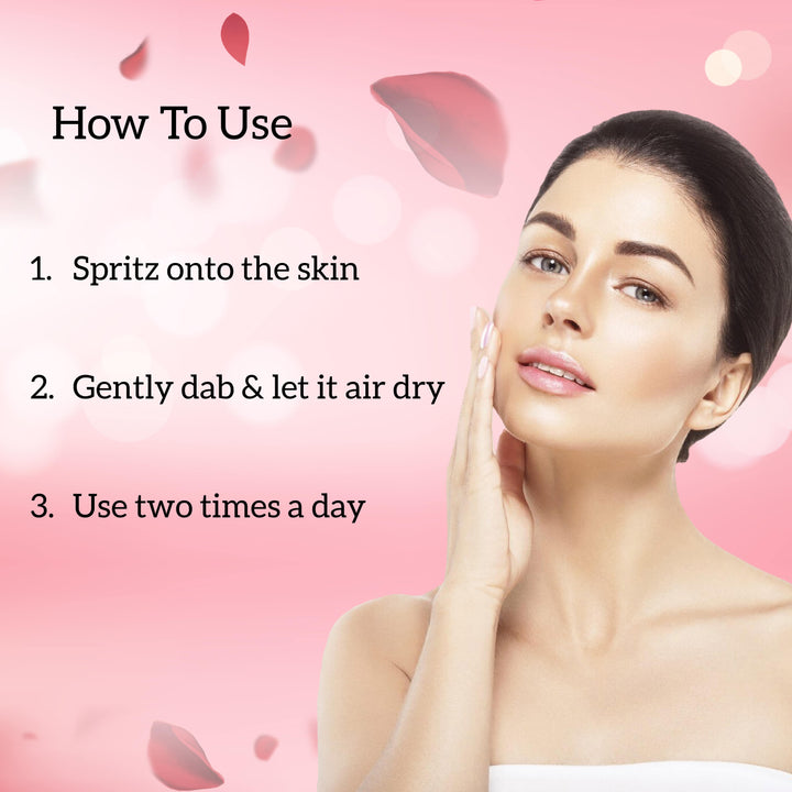 Woman touching her beautiful face with text on how to use inatur rose toner against a pink background with flower petals.