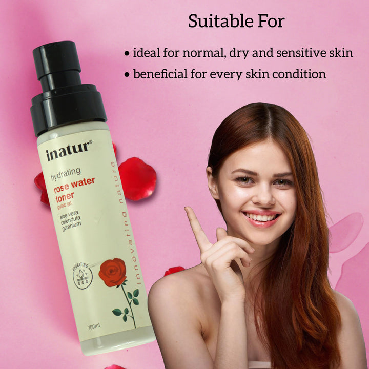 inatur hydrating rose water toner bottle with a woman pointing to it on a pink background with text suitable for all skin
