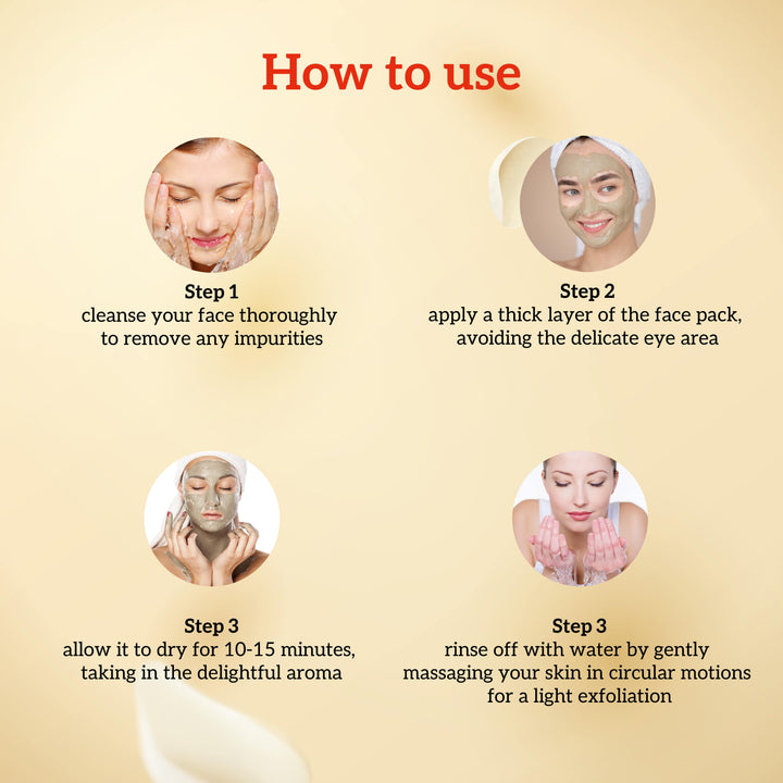 Instructions on how to use a face mask with step-by-step guidance and images of a woman applying the mask.