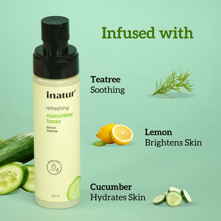 inatur refreshing cucumber toner bottle with active ingredients images of Tea tree lemon cucumber on a green background