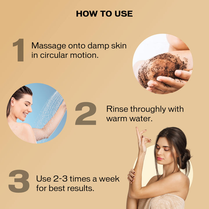 How to use inatur Coffee Body Scrub massage on damp skin and rinse for best results