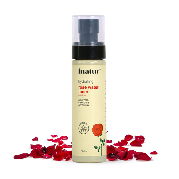 inatur hydrating rose water toner main image with red rose petals on a white background