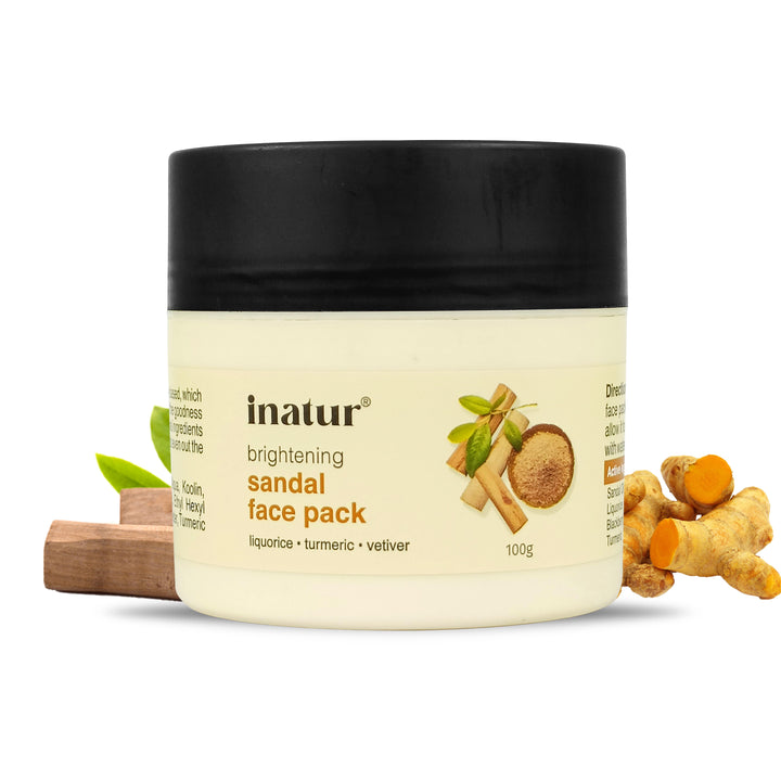 Jar of inatur sandal face pack with ingredients like turmeric and sandalwood on a white background
