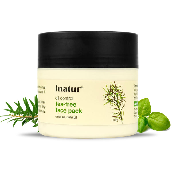 Image of inatur oil control tea-tree face pack with ingredients like tea tree leaves and basil leaves on a white background