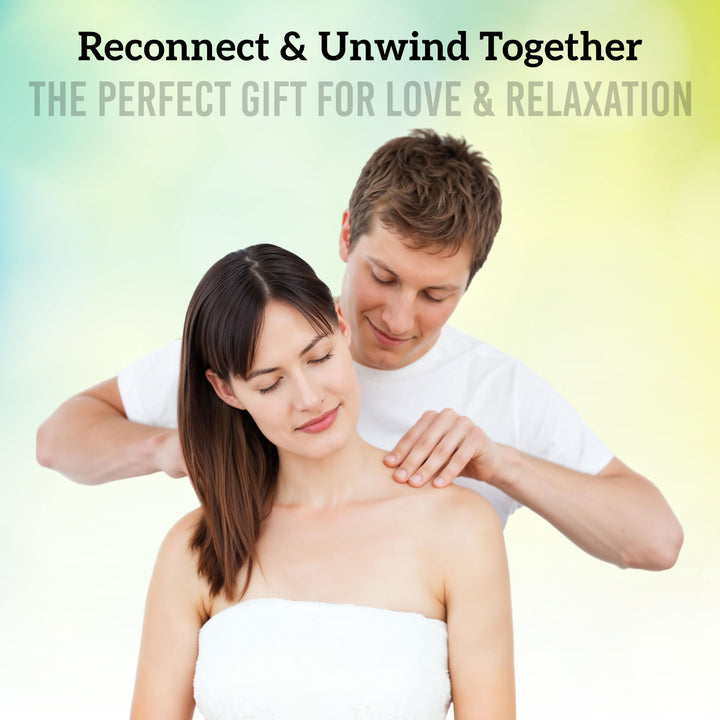 Man giving a woman a shoulder massage with inatur massage oil for relaxation