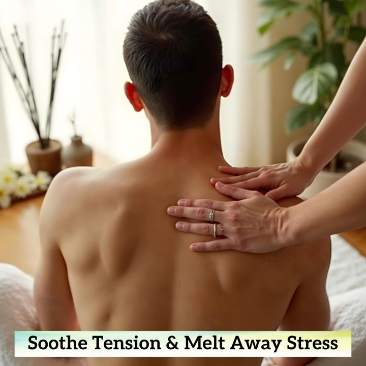 Man receiving a back massage with inatur massage oil to soothe tension & reduce stress
