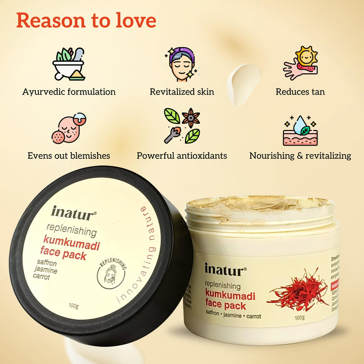 Open image of inatur replenishing Kumkumadi face pack with benefits listed on a beige background