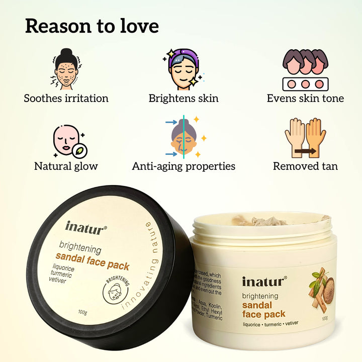 inatur brightening sandal face pack with benefits like brighten skin, even skin tone, remove tan listed on a white background