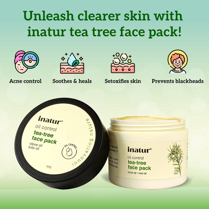 inatur tea tree face pack with benefits like acne control, detoxifying, and preventing blackheads on a green background 