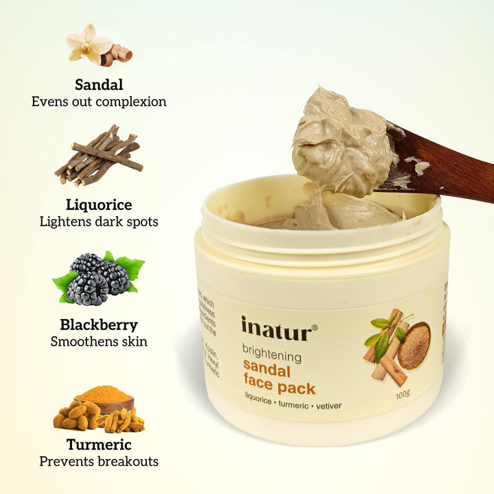 inatur sandal face pack with ingredients and benefits on a light background