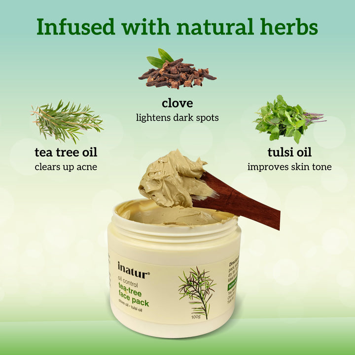 Open Jar of inatur Tea Tree face pack with its active ingredients like clove, tulsi and tea tree herbs and their benefits on a green background