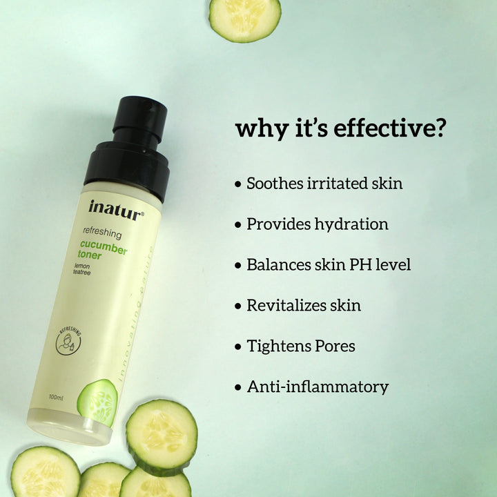 Inatur refreshing cucumber toner bottle with cucumber slices on a light green background with text of its effectiveness