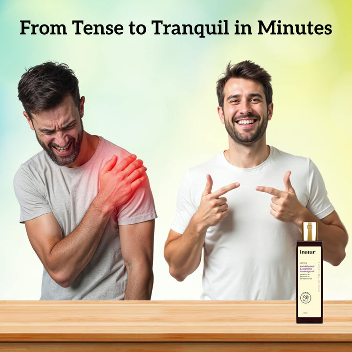 Before & after using inatur ayurvedic massage oil for  Tense to Tranquil in Minutes