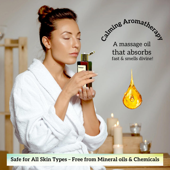 Woman holding inatur sandalwood & jasmine massage oil showing the calming aroma