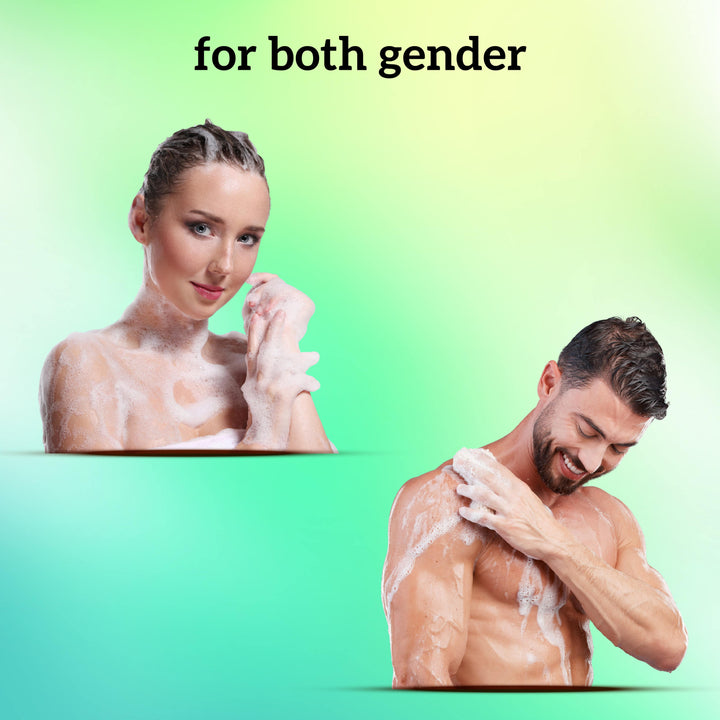 Two people, one male and one female, applying soap on a green background with text 'for both gender'.