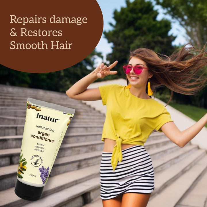 Woman with long beautiful hair outdoors, with an inset of inatur argan conditioner packaging with text repair damaged hair