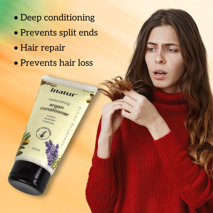 Woman with damaged hair next to an 'inatur' argan conditioner bottle with benefits like deep conditioning prevent split ends and hair loss