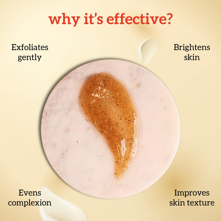 inatur kumkumadi scrub Product texture with effectiveness text on a beige background