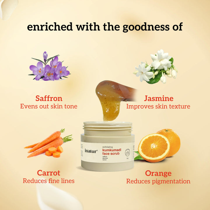 Open product image of inatur kumkumadi Face scrub with ingredients like saffron, jasmine, carrot, and orange on a beige background.