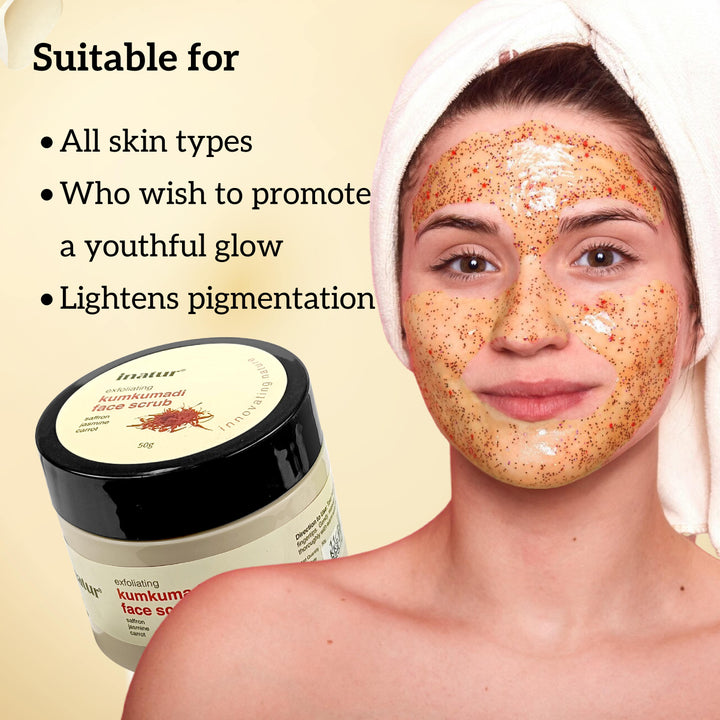 Woman applying inatur kumkumadi face scrub with a jar of the product and text about its suitability for various skin types.