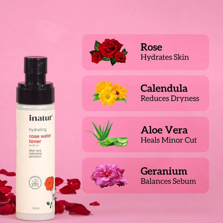 inatur hydrating rose water toner bottle with active ingredients, images of Rose, Calendula, aloe vera & geranium flowers with text of its benefits for skin