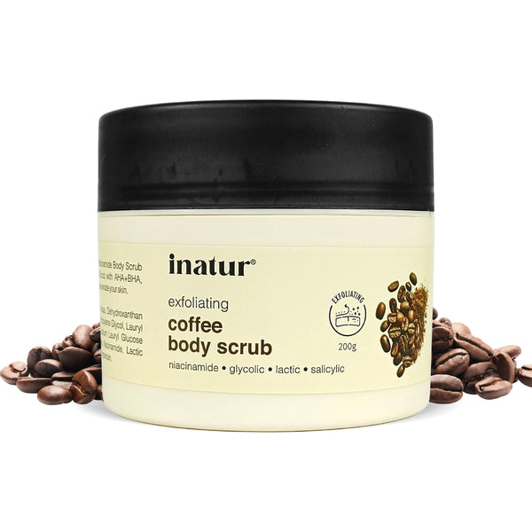 inatur Coffee Body Scrub jar with coffee beans exfoliating skincare for smooth glowing skin