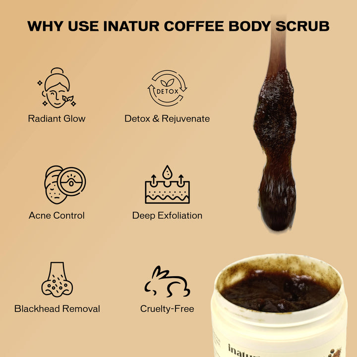 inatur Coffee Body Scrub benefits exfoliating, smoothing, and skin brightening