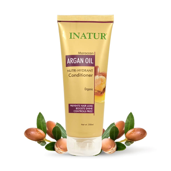 A tube of inatur Moroccan Argan Oil Nutri-Hydrate Conditioner with argan fruit images and text displaying the product benefits.