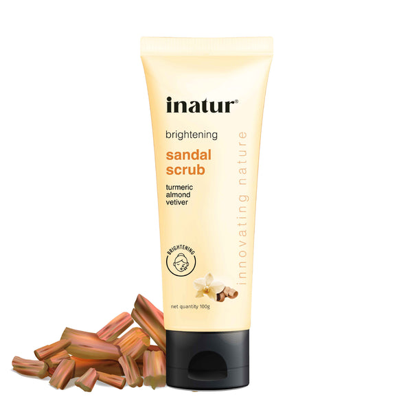 inatur brightening sandal scrub with turmeric, almond shell, vetiver, liquorice & orange peel