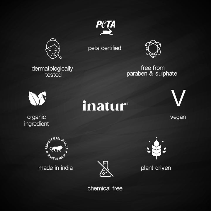 inatur certification badges of peta certified, vegan, plant driven, harsh chemical free, made in india, organic, dermatologically tested