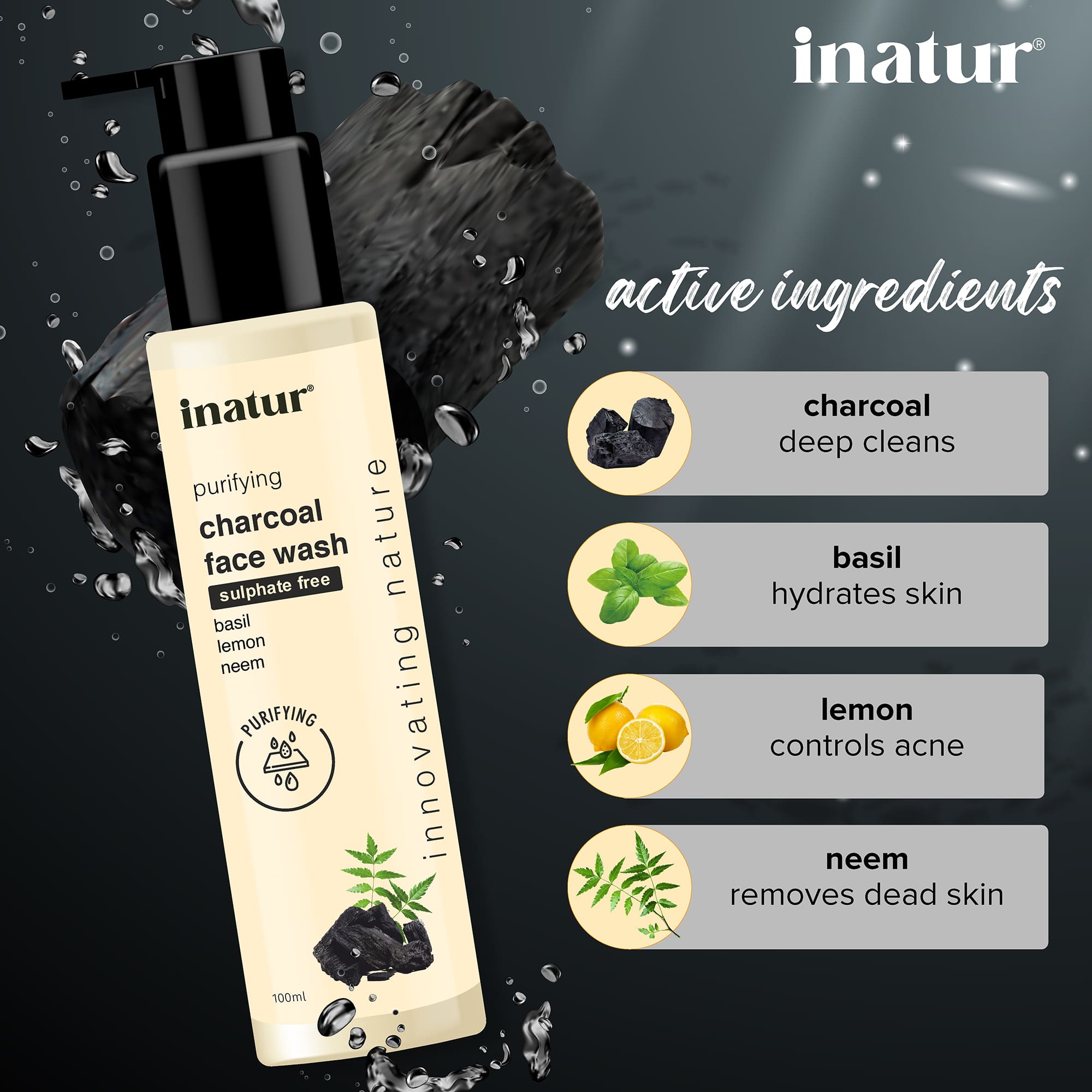 ingredients inatur charcoal face wash 100ml