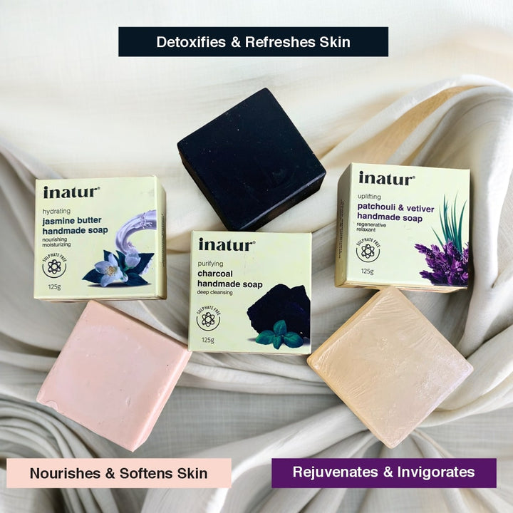 inatur soap bars on a textured fabric with benefits like detoxifies & refreshes skin, Nourishes & soften, Rejurvenates & Invigorates