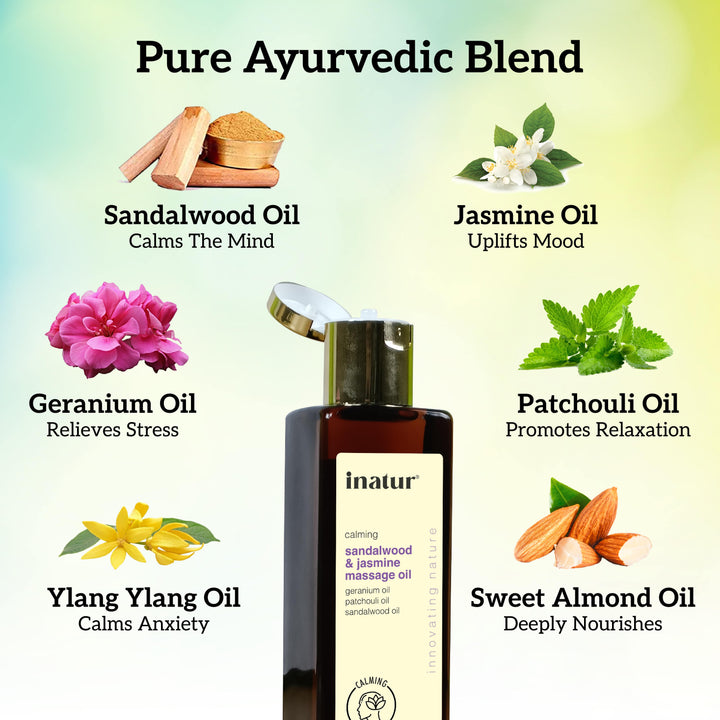 inatur calming massage active ingredients, sandalwood, jasmine, alond, geranium, patchouli essential oils
