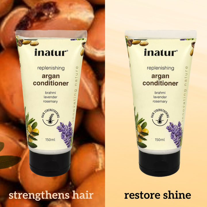 Two tubes of inatur replenishing argan conditioner with argan nuts in the background with text strengthen hair and restore shine
